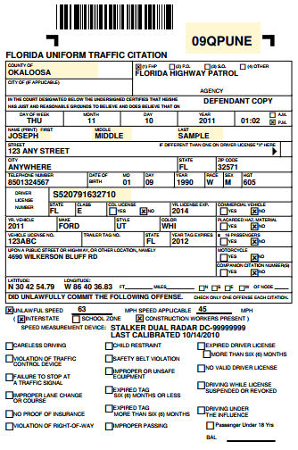 Sample Miami Dade traffic ticket citation
