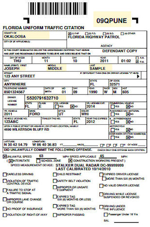Sample Florida Traffic Ticket