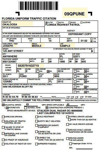 Sample Florida Traffic Ticket